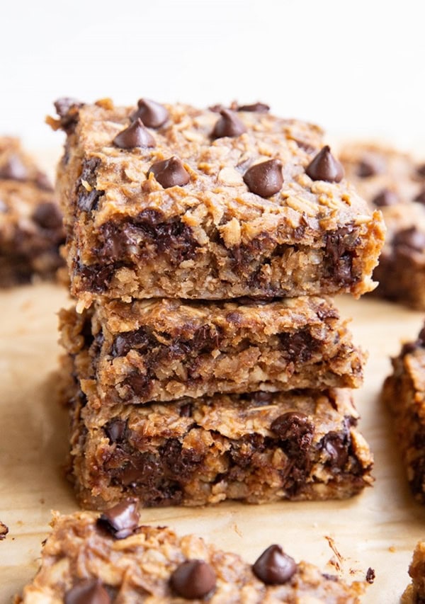 Stack of banana oat bars with chocolate chips