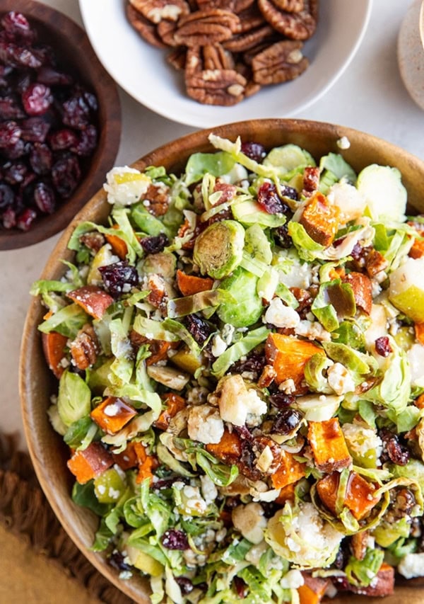 Big bowl of shredded brussel sprout salad.