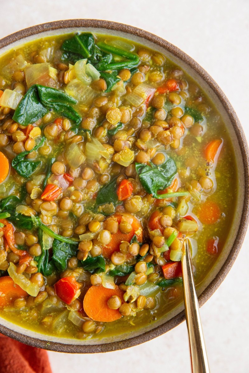 Crock Pot Curry Lentil Soup With Spinach - The Roasted Root