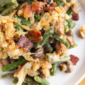 Plate with a serving of green bean casserole.