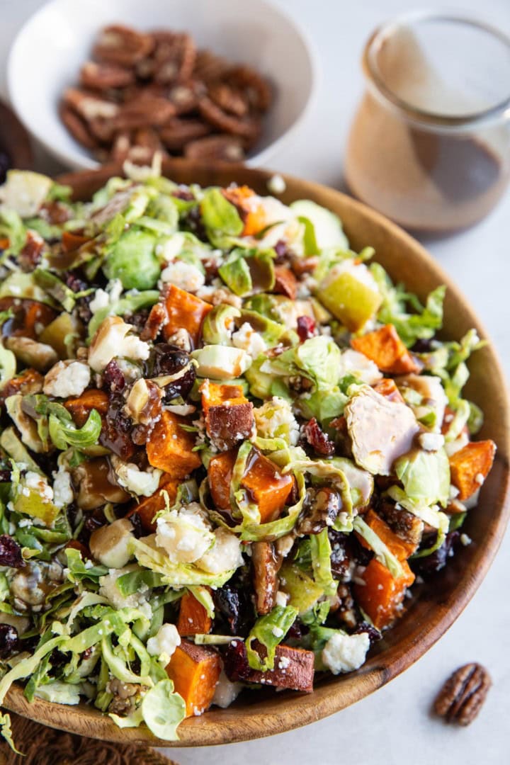 Shredded Brussel Sprout Salad With Roasted Sweet Potatoes The Roasted Root