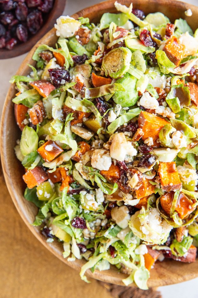 Shredded Brussel Sprout Salad with Roasted Sweet Potatoes - The Roasted ...