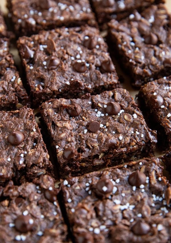 Double chocolate peanut butter bars cut into slices.