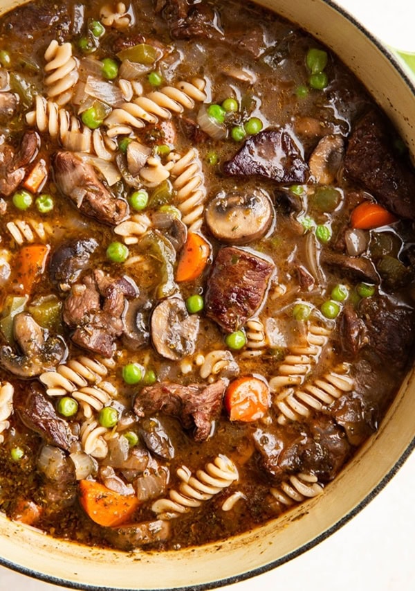 Large pot of beef and noodle stew