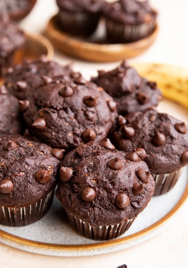 Plate of chocolate banana muffins