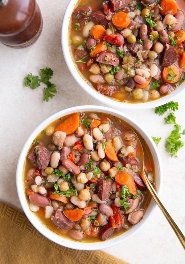 Two bowls of sausage bean soup.