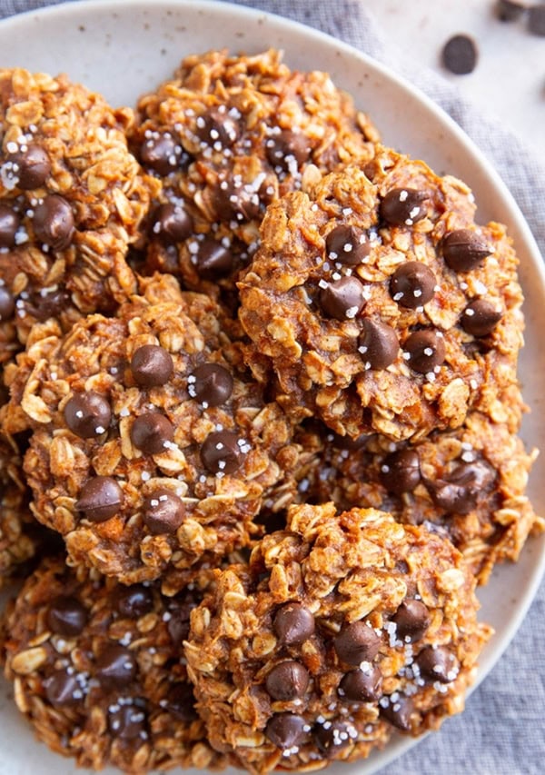 Plate of sweet potato oatmeal cookies with chocolate chips.