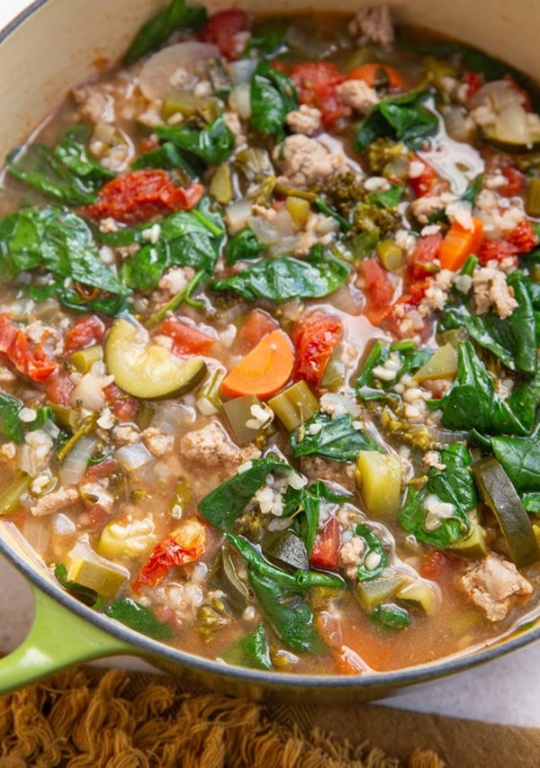 large pot of ground turkey soup with rice.