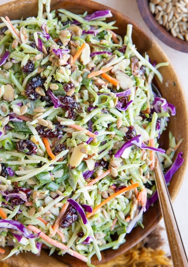 Big wooden bowl of broccoli coleslaw