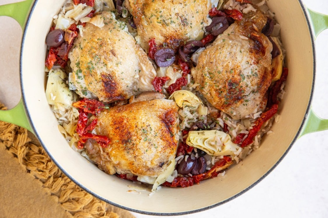 One Pot Mediterranean Chicken And Rice The Roasted Root