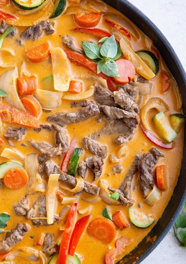 Skillet full of beef curry