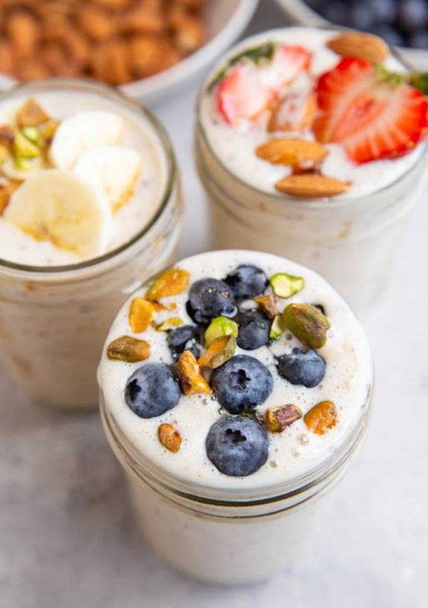 Three jars of protein overnight oats.