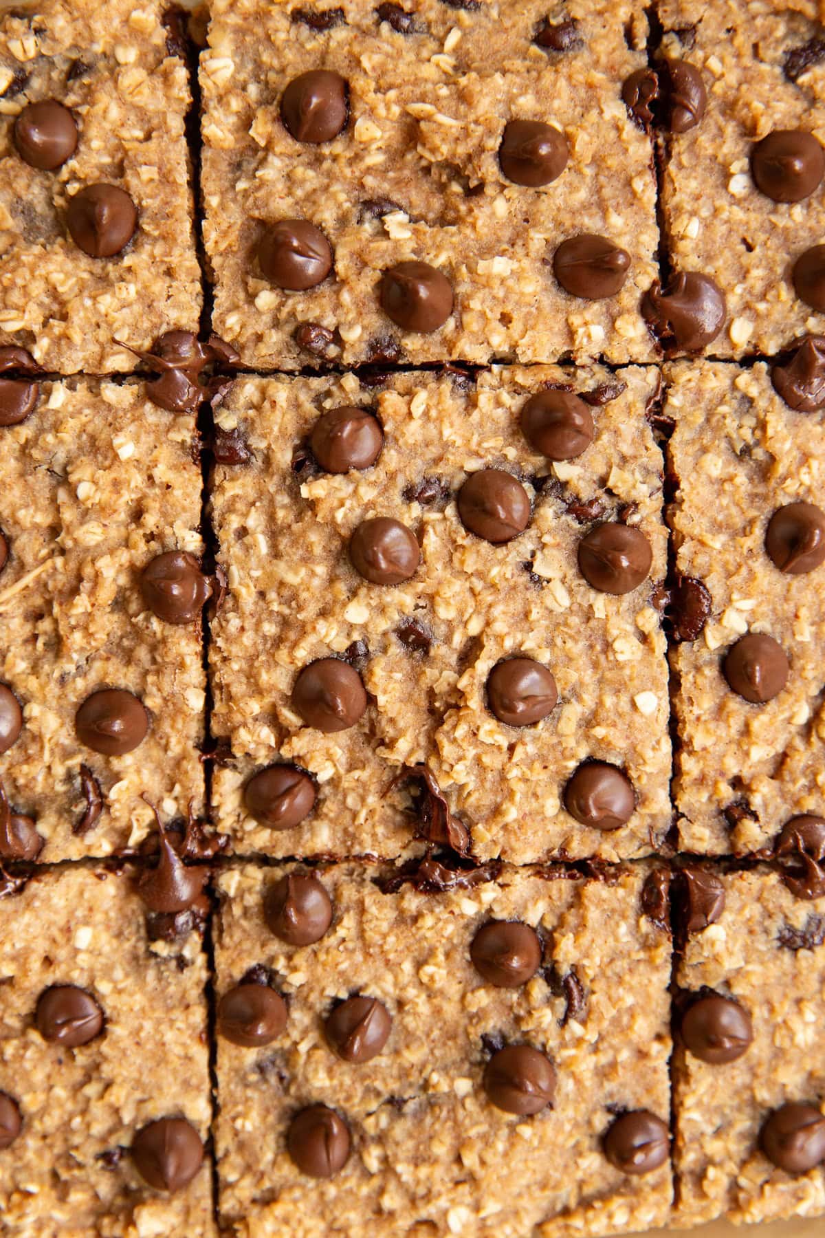 Chocolate chip oatmeal applesauce bars cut into squares and ready to eat.