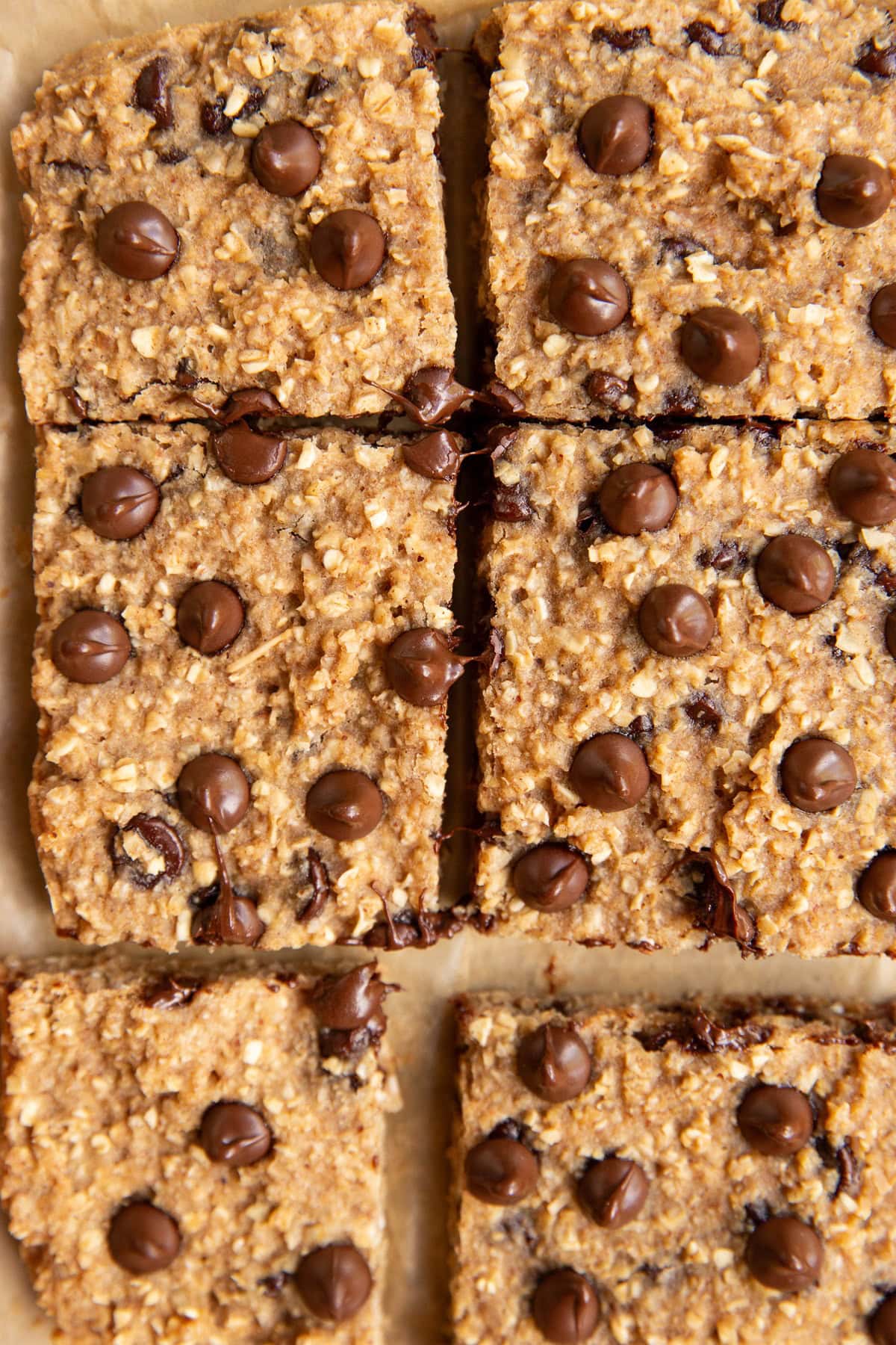 Chocolate chip applesauce bars on a sheet of parchment paper, cut into squares.