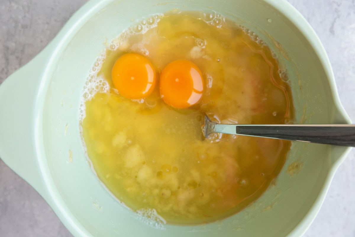 Mixing bowl full of wet ingredients, ready to be mixed together.