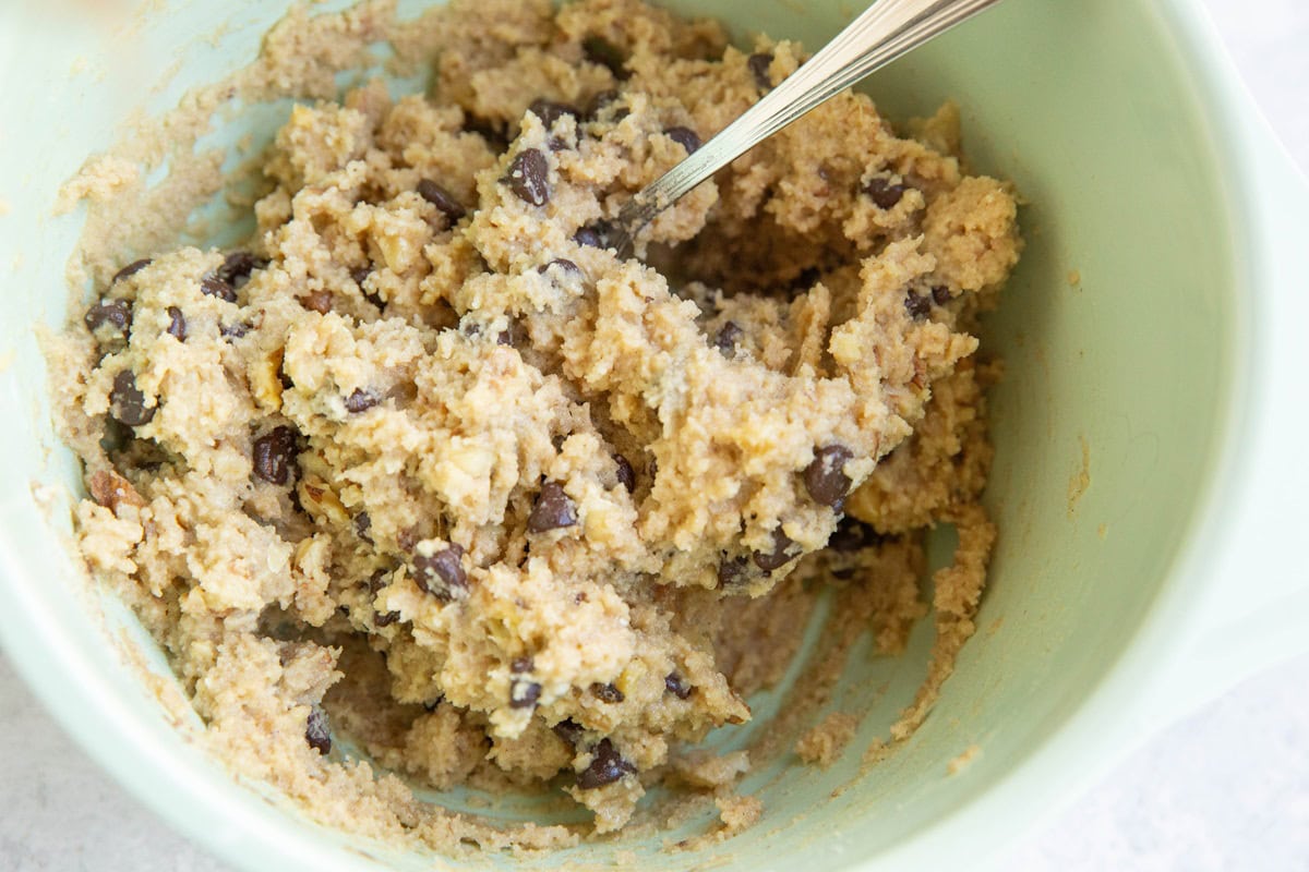 Almond flour cookie dough in a mixing bowl.