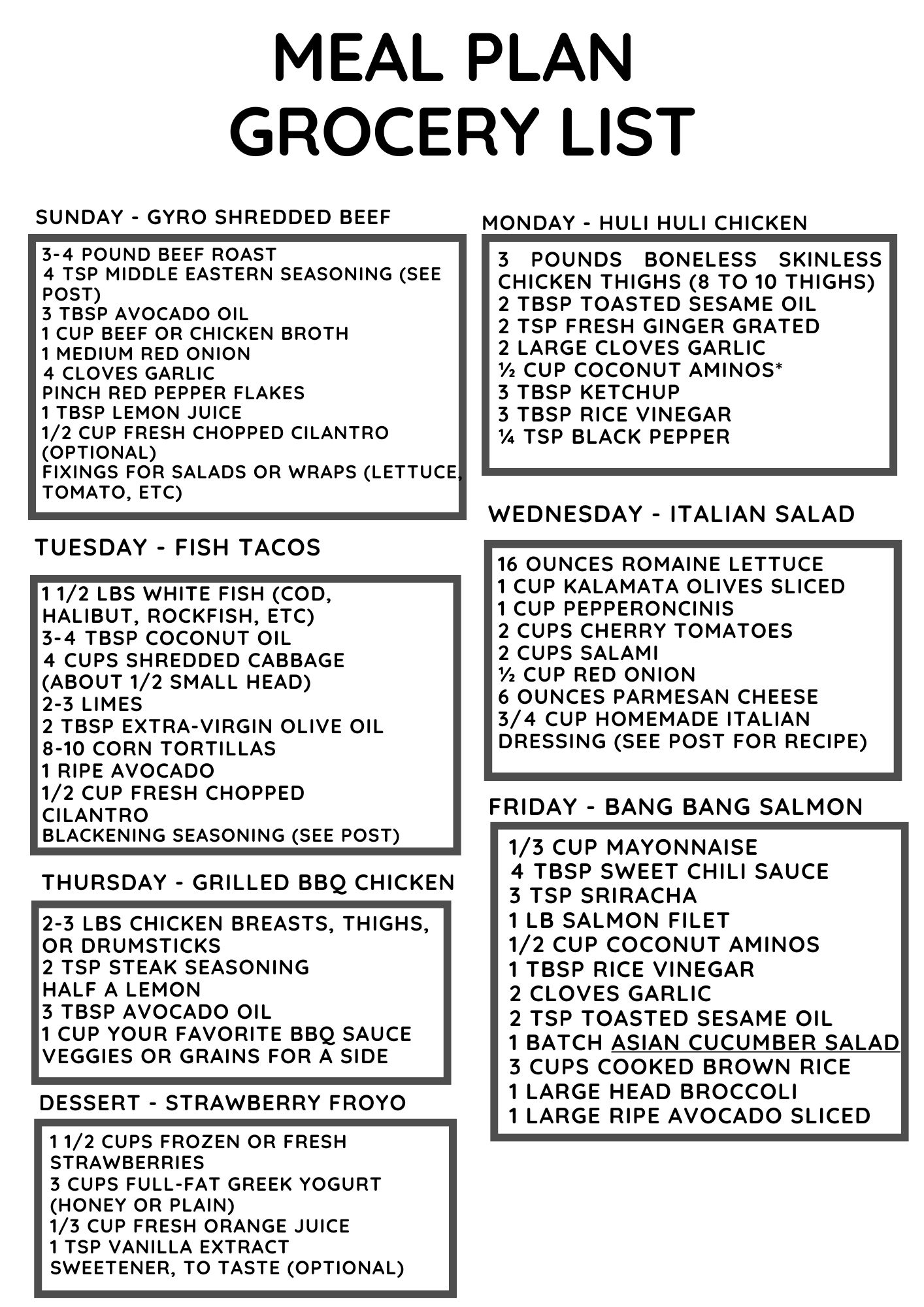 Grocery list for meal plan