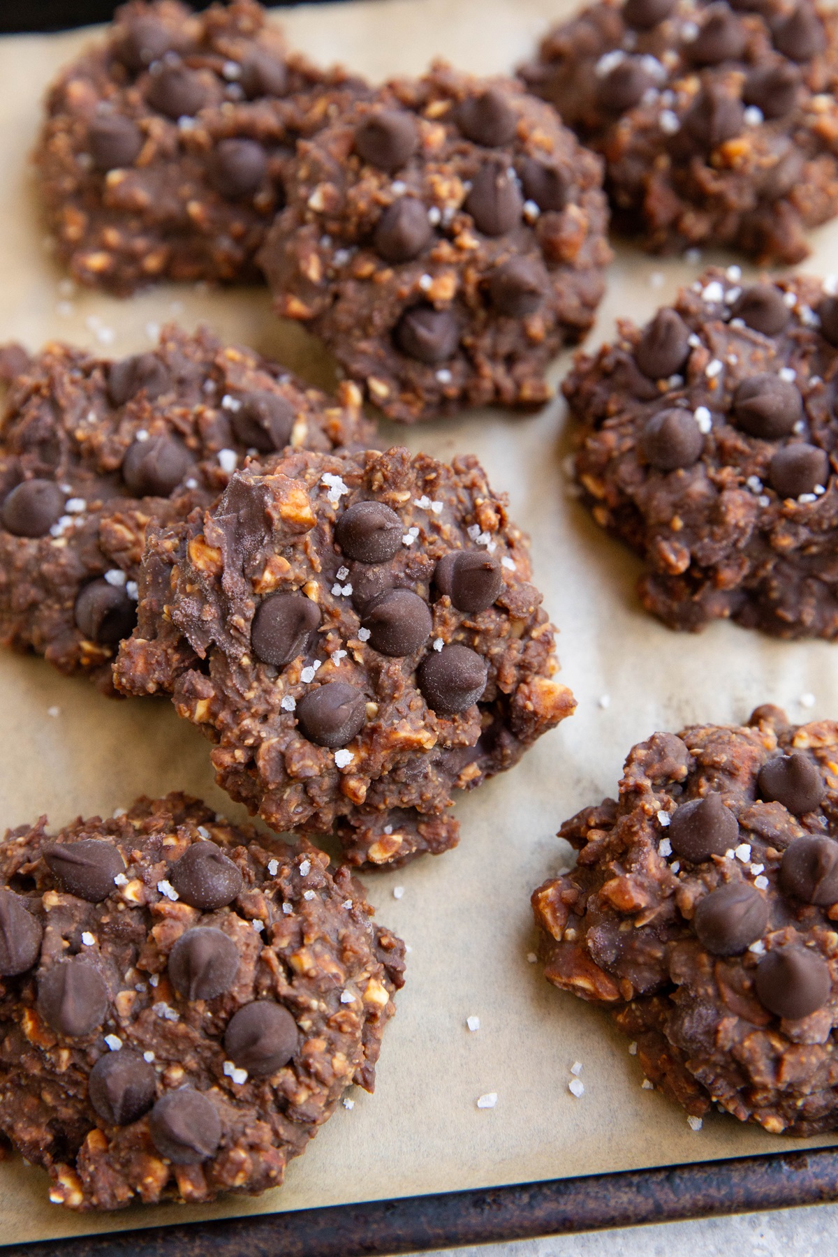 Nutty no-bake cookies on a cookie sheet, ready to eat.