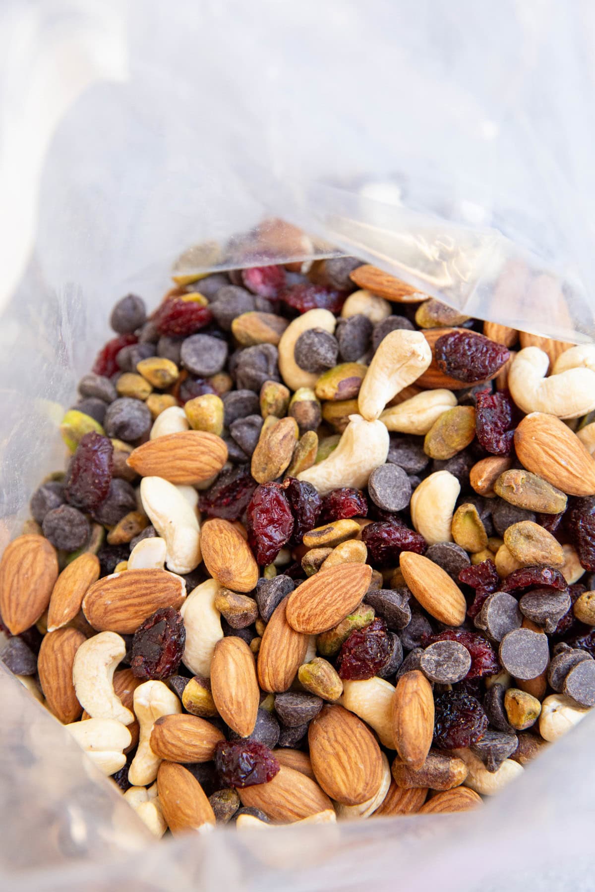 Trail mix in a zip lock bag, ready to eat.