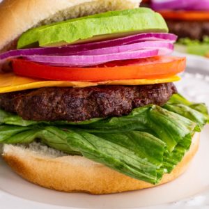 Hamburger topped with lettuce, cheese, tomato, red onion and avocado on a bun, ready to eat.