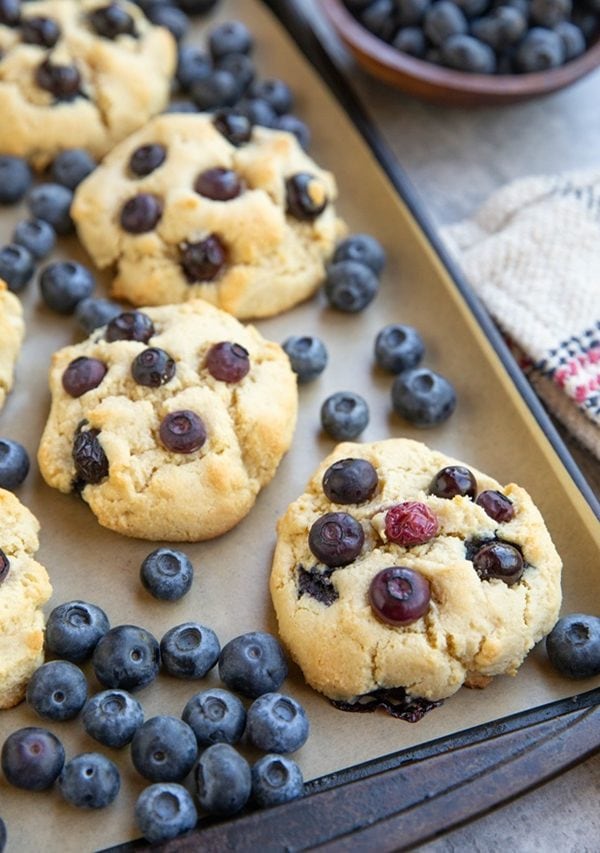 Cookie sheet of grain-free blueberry cookies.