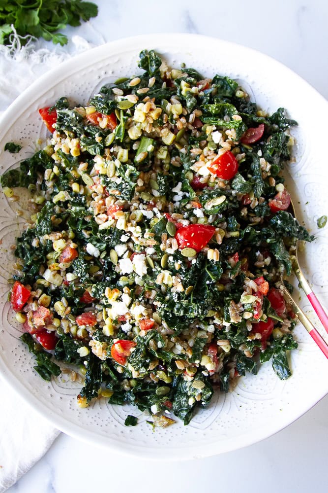 Farro salad with feta in a large white bowl.