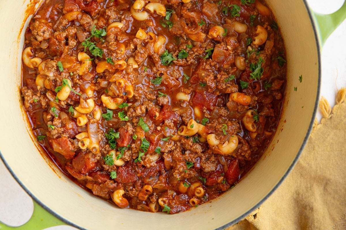 Large pot of goulash, ready to eat.