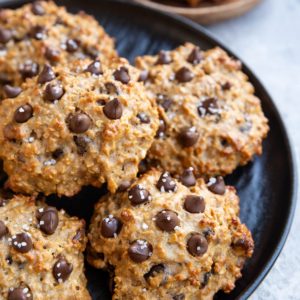 Plate of large peanut butter protein cookies.