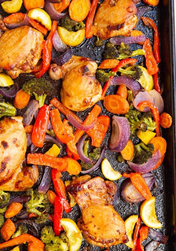 Sheet pan with marinated chicken and roasted vegetables