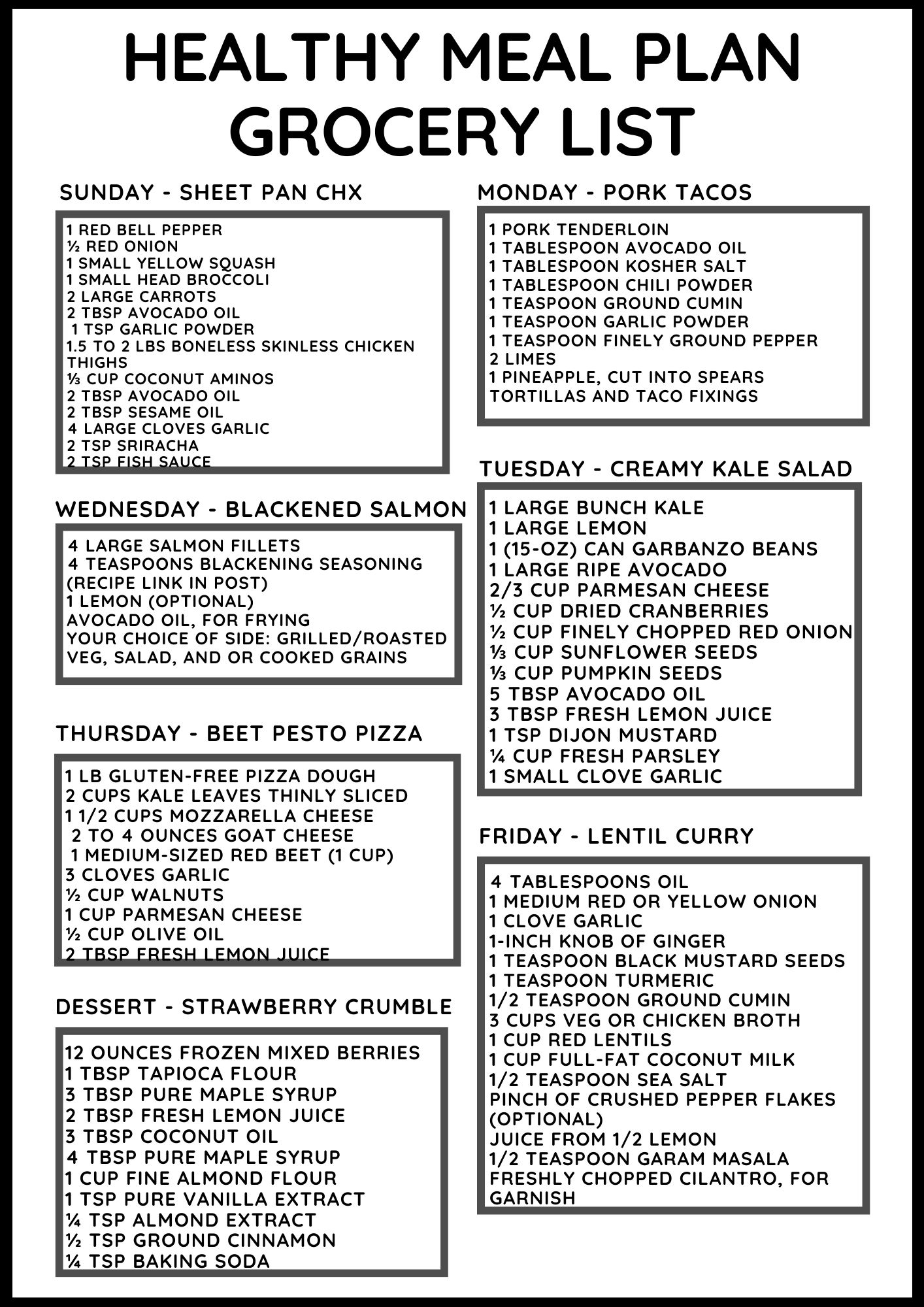 Grocery list for healthy weekly meal plan