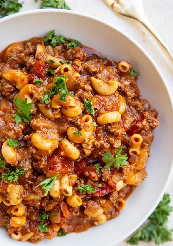 Bowl of beef goulash, ready to eat.