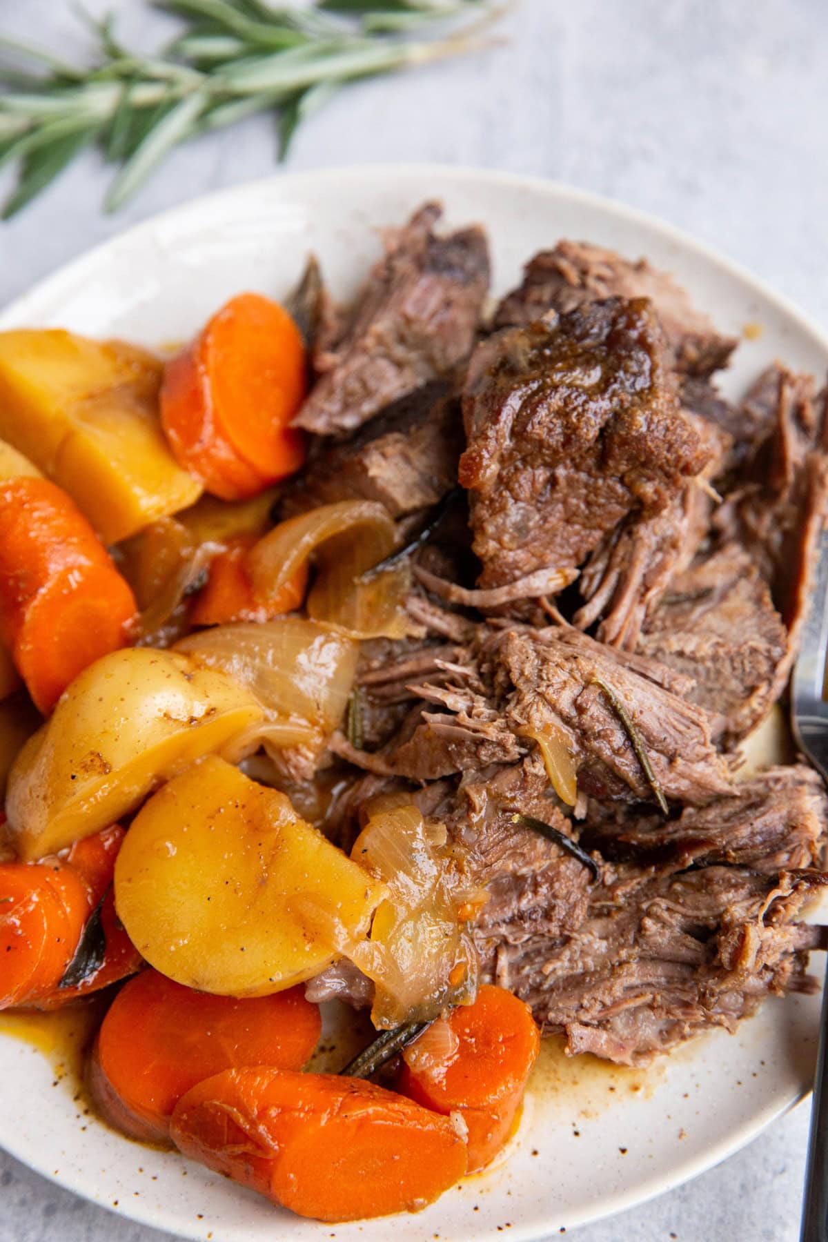 Big plate of tender pot roast and carrots and potatoes, ready to eat.