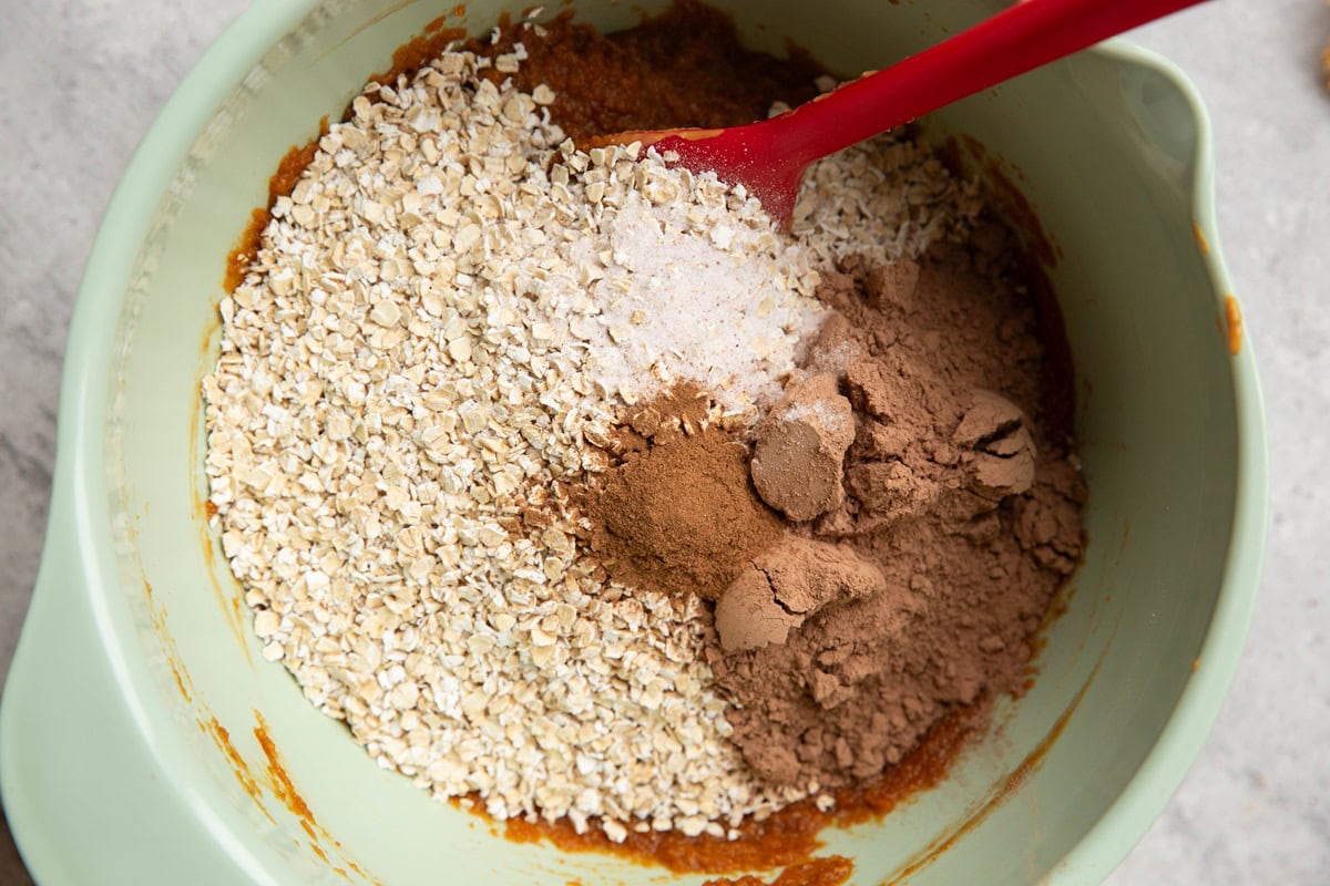 Mixing bowl with oats, cinnamon, salt, and cocoa powder on top of wet ingredients, ready to be mixed together.