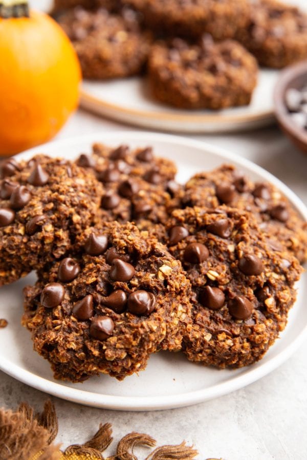 Large white plate of chocolate pumpkin cookies.