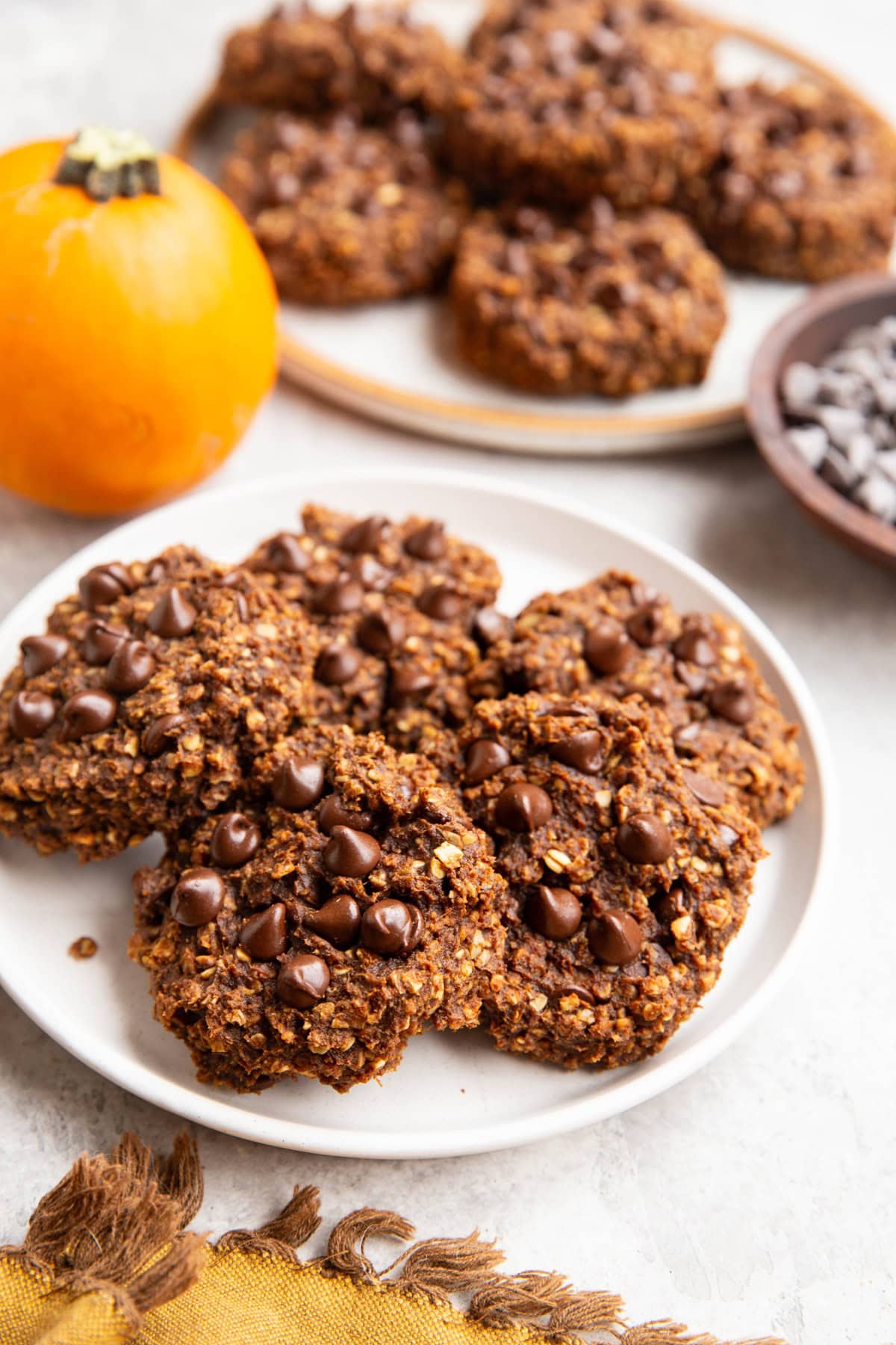 Two large plates of pumpkin chocolate chip cookies, ready to eat and a pumpkin in the background.