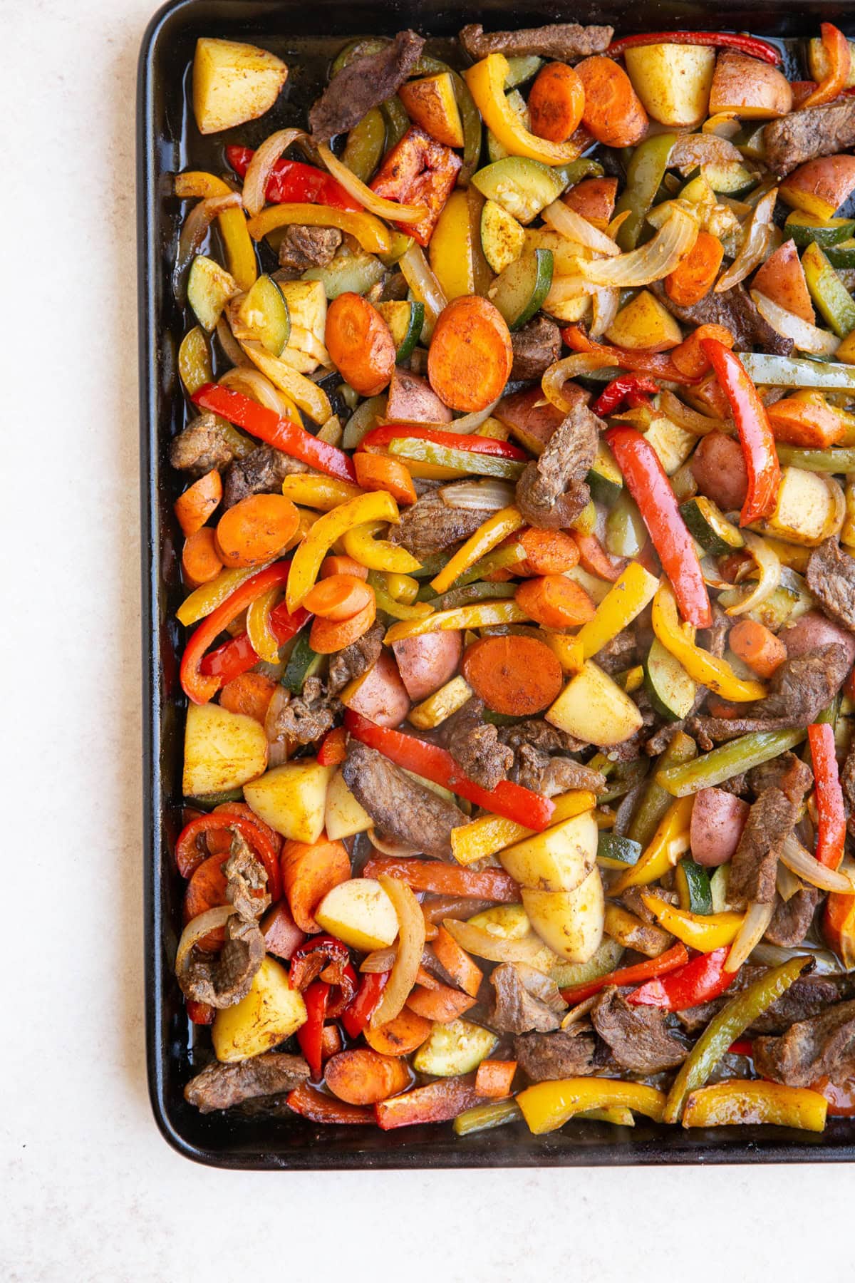 Sheet pan of steak and roasted vegetables.