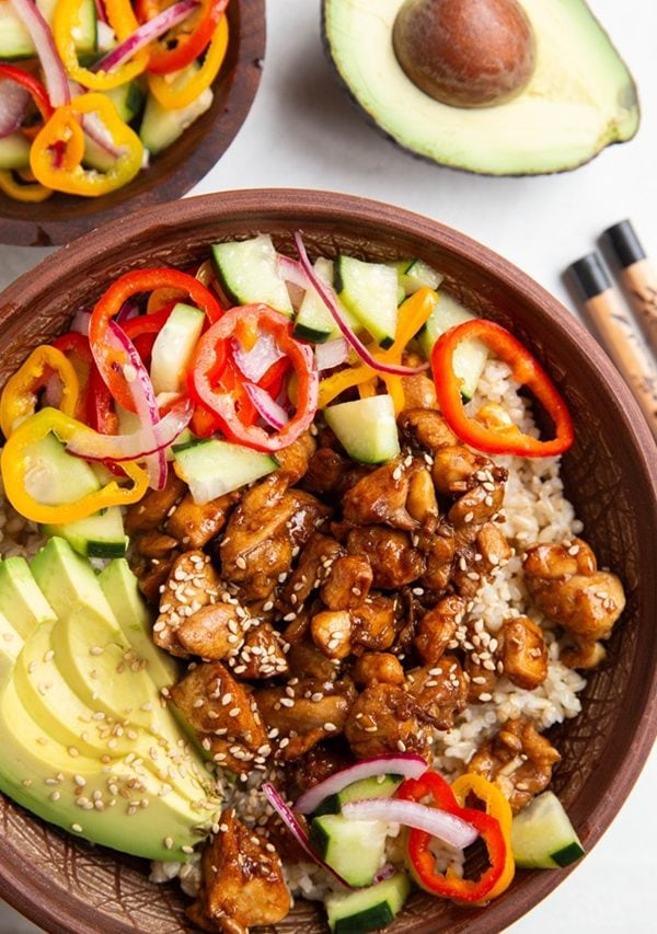 Big bowl of chicken with veggies