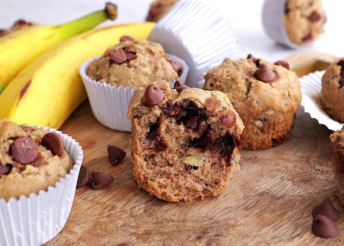 Banana muffin cut in half so you can see the moist inside.