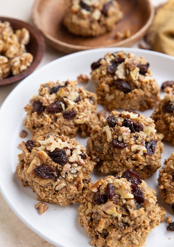 6-Ingredient Peanut Butter Oatmeal Raisin Cookies on a plate