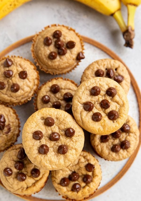 Plate full of banana protein muffins.