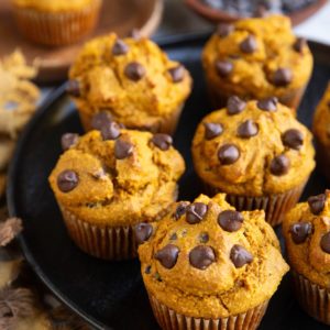 Black plate of pumpkin muffins.