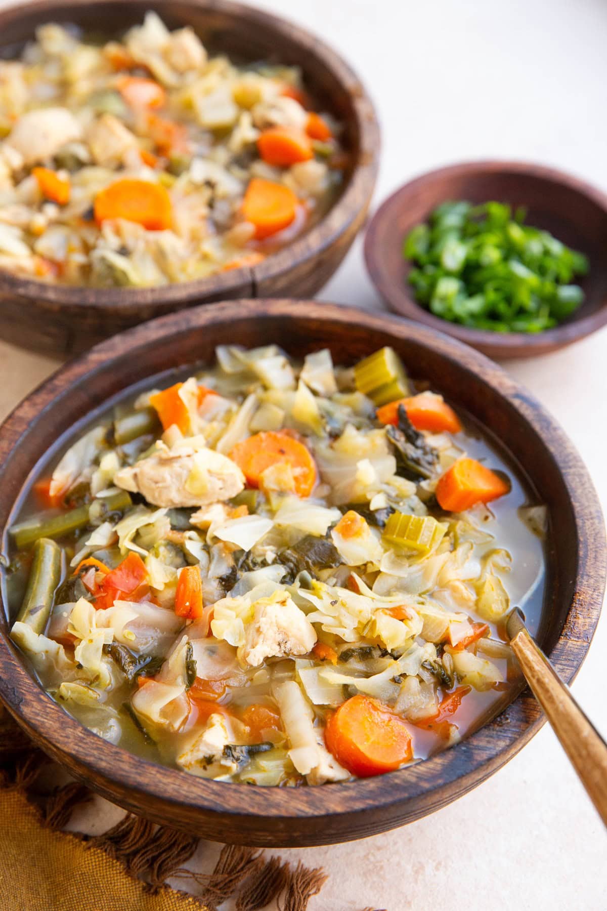 Chicken and cabbage soup in two wooden bowls with a bowl of green onions to the side, ready to eat.