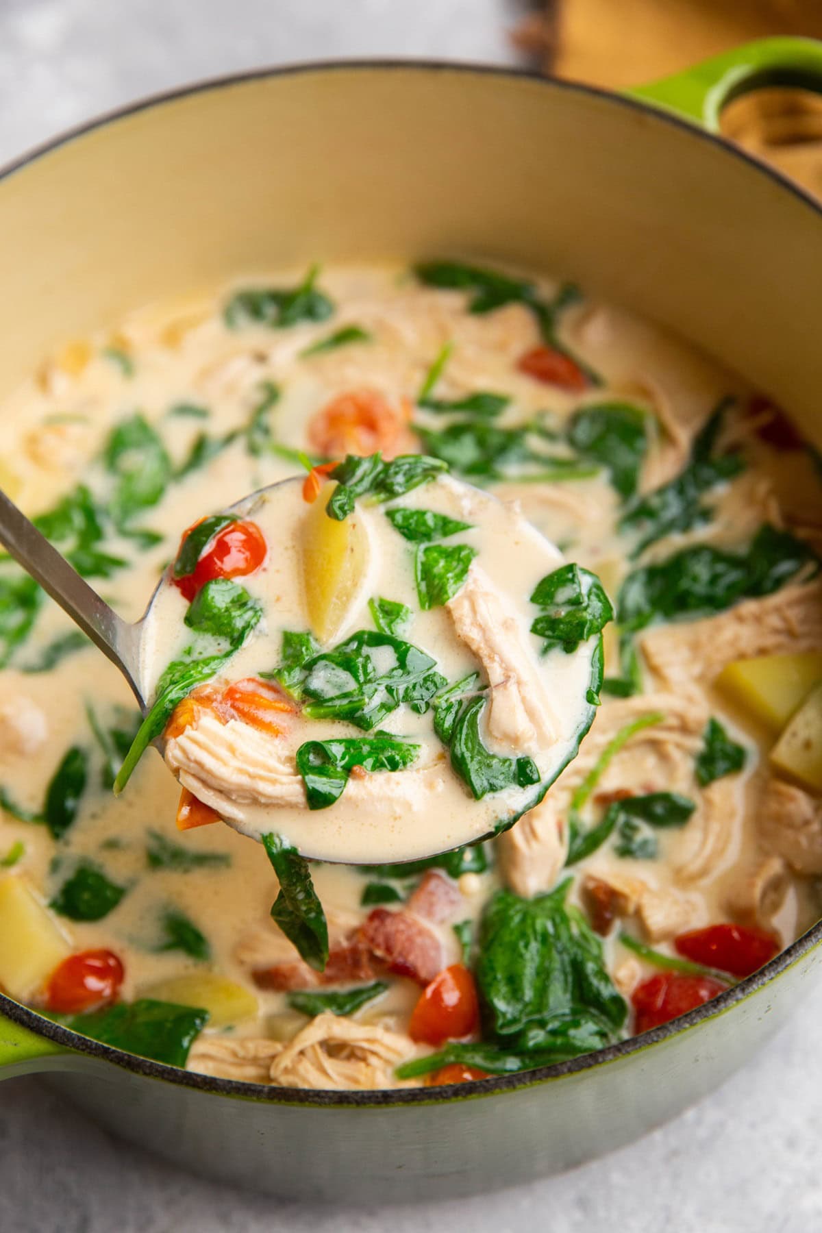 Large pot of chicken vegetable soup with a ladle taking a scoop out.