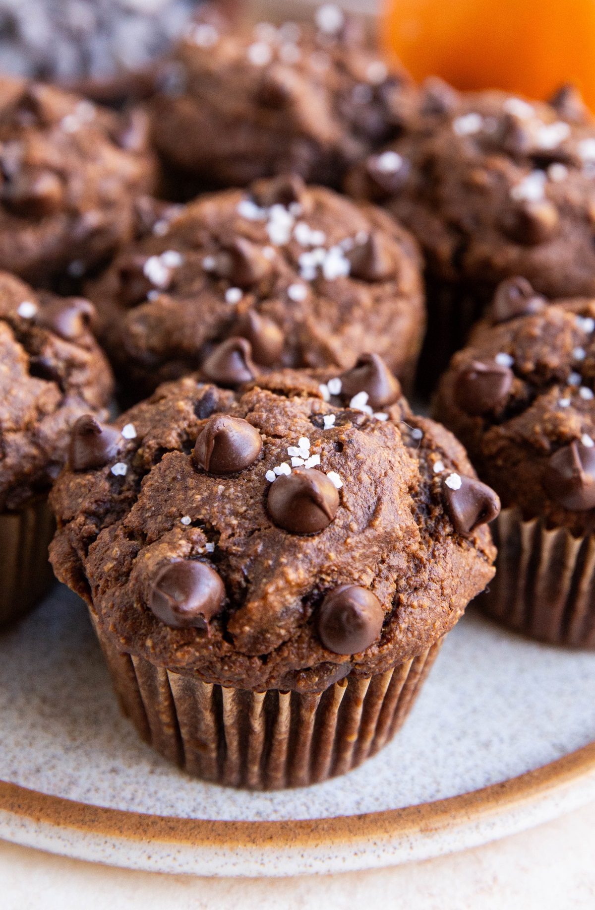 Close up chocolate pumpkin muffins sprinkled with sea salt