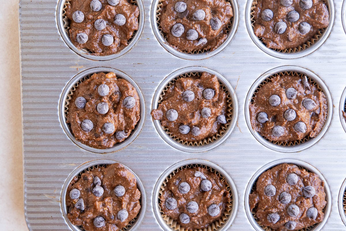 Muffin pan filled with chocolate muffin batter.