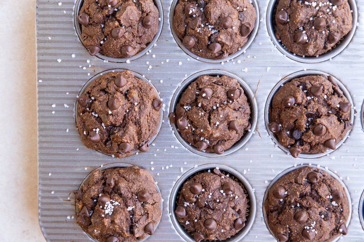 muffin tray with chocolate muffins inside, fresh out of the oven.