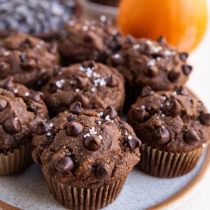 Plate of chocolate pumpkin muffins, ready to eat