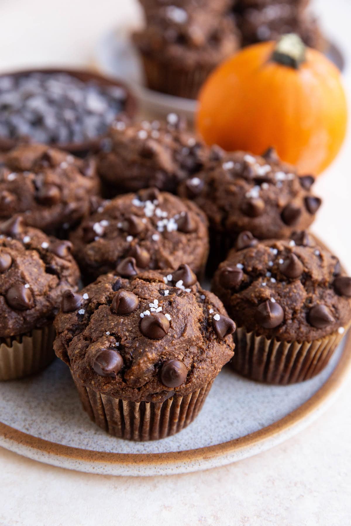 Plate of chocolate pumpkin muffins, ready to eat