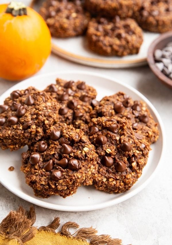 double chocolate pumpkin cookies on a white plate