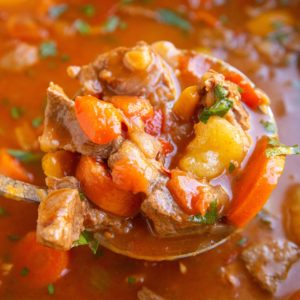 Ladle scooping out a scoop of goulash out of a pot.